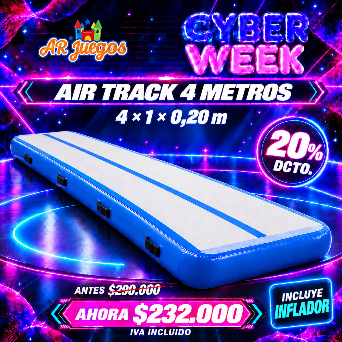 Air Track PE019 celeste de 4 x 1 x 0,20 m, incluye inflador, Cyber Week 20% de descuento, $232.000 IVA incluido