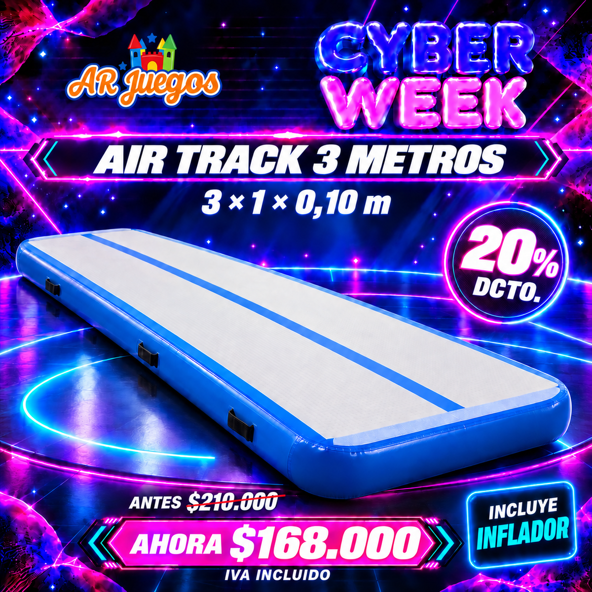 Air Track PE020 celeste de 3 x 1 x 0,10 m, incluye inflador, Cyber Week 20% de descuento, $168.000 IVA incluido