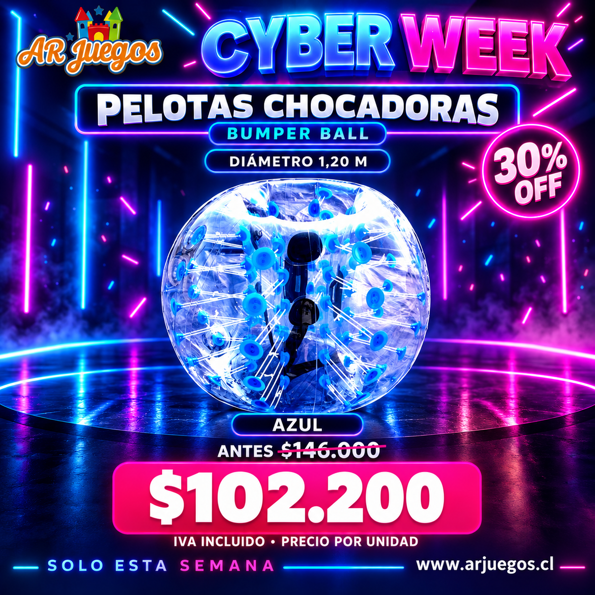 Cyber Week Bumper Ball azul diámetro 1,20 m: 30% de descuento, $102.200 IVA incluido por unidad.