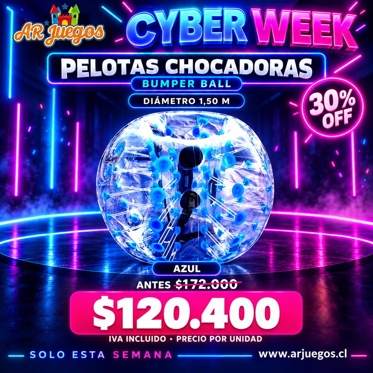 Cyber Week Bumper Ball azul diámetro 1,50 m: 30% de descuento, $120.400 IVA incluido por unidad.