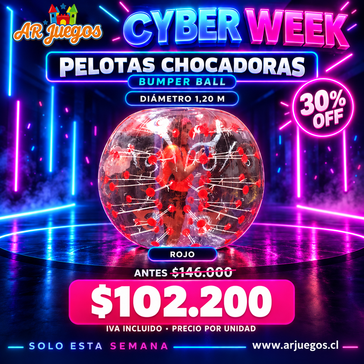 Cyber Week Bumper Ball rojo diámetro 1,20 m: 30% de descuento, $102.200 IVA incluido por unidad.
