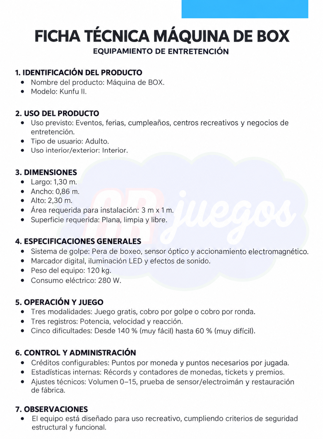 Ficha técnica máquina de box Kunfu II: peso 120 kg y consumo eléctrico 280 W